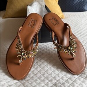 Naturalizer Brown Jeweled Thong Sandals with Iridescent Crystal Accents